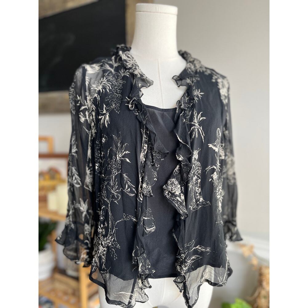 Vintage 90s Black Ruffle Silk Blouse Floral Size Medium